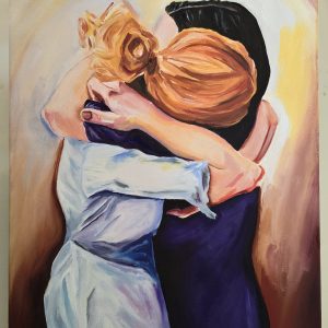Women Embracing. A Reaching Around of Arms. 20x16" Oil on canvas